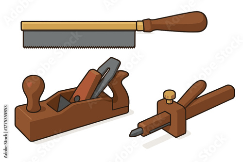 Essential traditional woodworking tools set featuring a backsaw, hand plane, and marking gauge