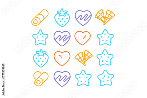 Colorful seamless pattern featuring sweet desserts like strawberries, hearts, stars, and rolled wafers