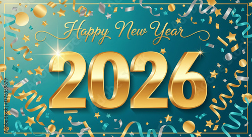 Festive New Year greeting with gold numerals and celebratory confetti.