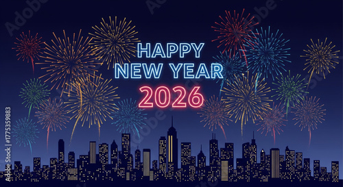 Festive fireworks illuminate the night sky above a silhouetted city skyline, celebrating the new year.