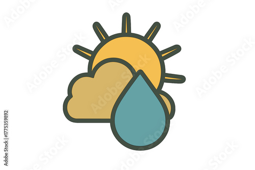 Modern graphic symbol representing weather forecast with sun, cloud, and falling blue raindrop