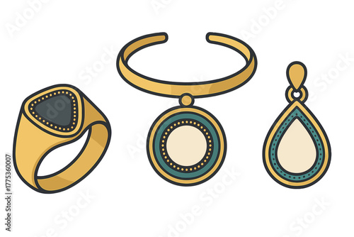 Luxury golden jewelry set featuring a signet ring, choker pendant, and teardrop earring design