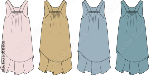 Vector illustration set of a women's casual camisole top with a layered frill hem, shown in four color options for an apparel design concept