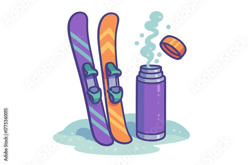 Colorful skis and a steaming thermos standing in the snow ready for a winter sports break