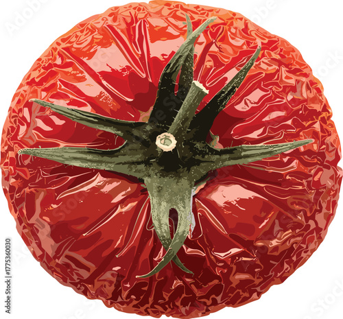 dried tomato close-up, wrinkled surface, aged produce texture, food preservation, isolated red fruit, cad drawing flat vector illustration