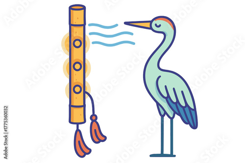 Stylized long-legged crane listening to sound waves from a traditional bamboo flute