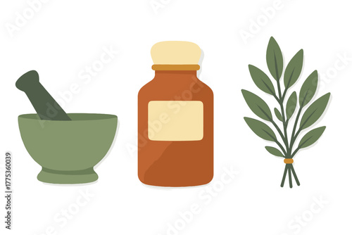 Mortar and pestle set for traditional herbal medicine preparation with bottle and leaves