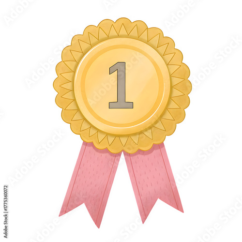 Golden rosette award medal with pink ribbons and the number one symbol isolated on transparent background