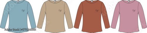 Fashion technical flat sketch of women's long sleeve t-shirts. Set of clothing templates in various pastel and earth tone colors for apparel design