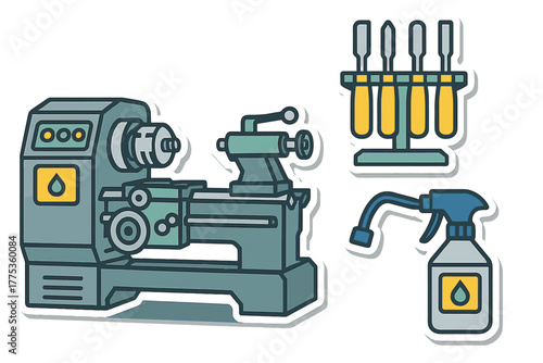 Industrial lathe machine with cutting tools and coolant spray bottle for manufacturing work