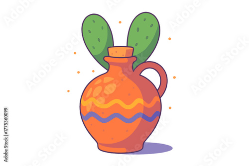 Traditional Mexican clay jug with colorful waves and cork stopper near nopal cactus pads