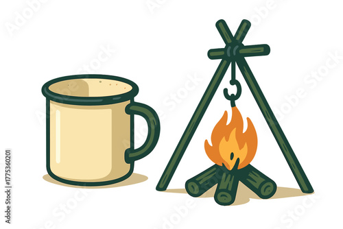 Enamel camping mug next to a burning campfire suspended from a wooden tripod stand