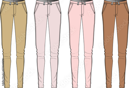 Collection of women's modern slim-fit pants presented as technical fashion illustrations, showcasing various color options for apparel design and clothing development concepts