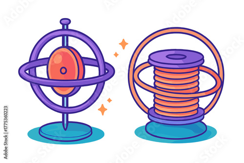 Abstract scientific device resembling a gyroscope next to a large spool of orange wire and purple rings