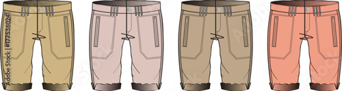 Fashion design concept of women's capri pants collection. Vector illustration set of technical flat sketches in multiple colorways for apparel