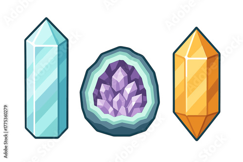 Set of three colorful natural mineral crystals and precious stones isolated on white