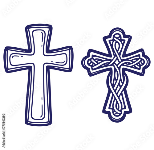 Two hand drawn christian crosses in a simple line art style on a white background