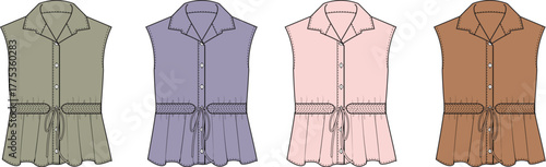 Diverse set of women's sleeveless collared blouses with tie-waist design, presented as fashion flats in various colors for apparel concept development