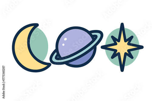 Stylized set of cosmic symbols including crescent moon, ringed planet, and shining star