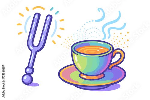 Brightly colored tuning fork vibrating next to a steaming cup of hot beverage on a saucer