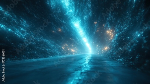 Fototapeta Naklejka Na Ścianę i Meble -  Azure tunnel with glowing particles