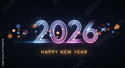 Glowing neon numbers and text celebrate the arrival of the year 2026.