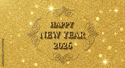 "Happy New Year 2026" text displayed on a golden glitter background with decorative swirls and bokeh.