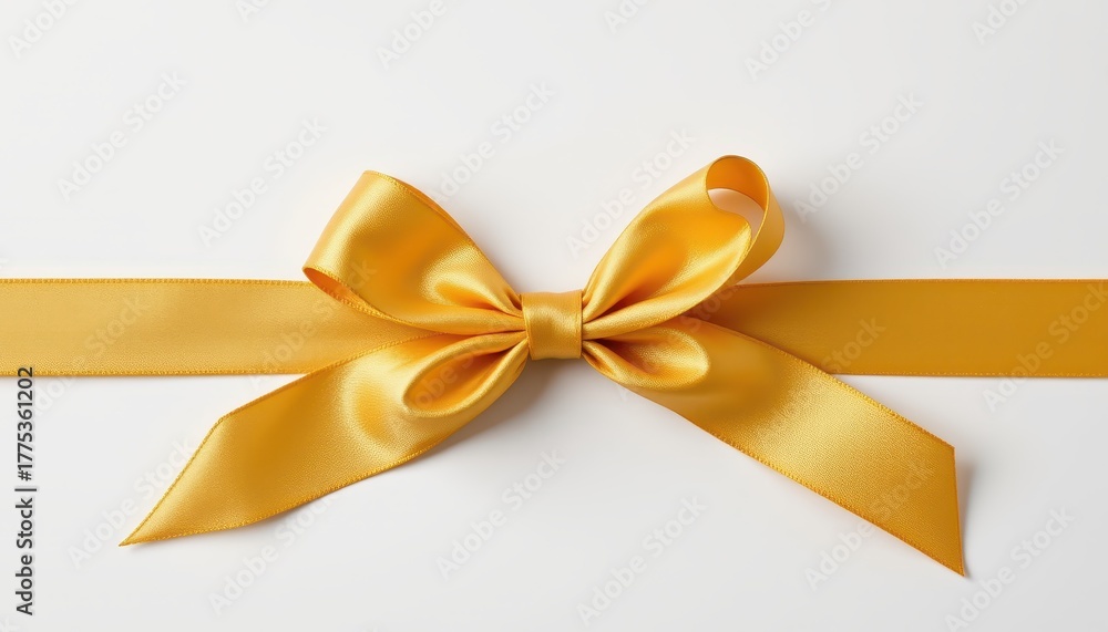 Fototapeta premium Shiny golden satin ribbon tied in a decorative bow centered on a bright white background