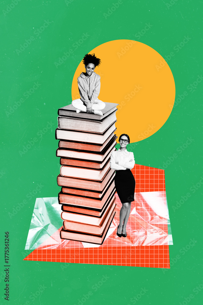 Fototapeta premium Poster 3d sketch pop artwork image collage of two happy girls stand book stack encyclopedia bookworm hobby education concept