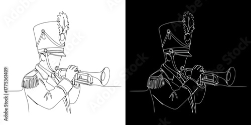 Marching band musician playing trumpet in uniform for Mardi Gras, isolated vector image in line art style, two versions on transparent and black background
  