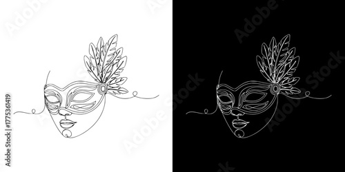 Colorful feather face mask, feathers on the edge, illustration showcasing Mardi Gras theme, isolated vector image in line art style, two versions on transparent and black background
  