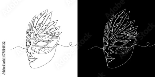 Colorful feather face mask, feathers in the center, design with elegant details for Mardi Gras, isolated vector image in line art style, two versions on transparent and black background
  