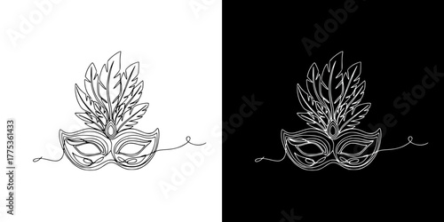 Colorful feather mask design in minimalist style representing Mardi Gras, isolated vector image in line art style, two versions on transparent and black background
  