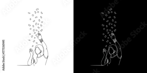 Person celebrating with confetti falling in a festive atmosphere - Concept of Mardi Gras, isolated vector image in line art style, two versions on transparent and black background
  