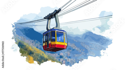 Merida Cable Car. Merida Cable Car hand drawn watercolor illustration