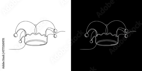 Jester hat outline design in minimalist style representing Mardi Gras, isolated vector image in line art style, two versions on transparent and black background
  
