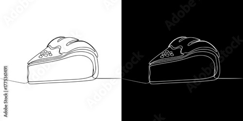 Line art slice of King cake for Mardi Gras, isolated vector image in line art style, two versions on transparent and black background
  