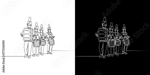 Drumline marching band performing for Mardi Gras, isolated vector image in line art style, two versions on transparent and black background
  