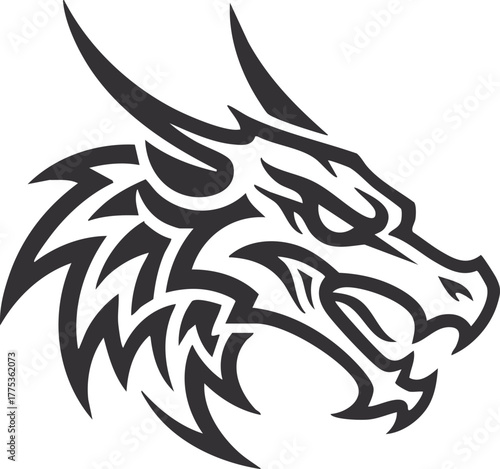 A vector illustration features a tribal dragon tattoo design
