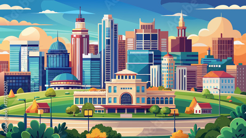 Very beautiful cityscape view of Kansas City, Missouri, USA, showcasing the downtown skyline with modern skyscrapers, historic buildings, and the vibrant urban landscape under a clear sky.