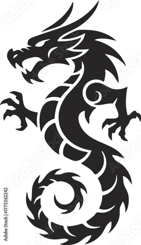 A vector illustration features a tribal dragon tattoo design
