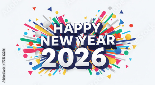 Colorful abstract background celebrating the upcoming year 2026 with a modern firework explosion of geometric confetti on a white backdrop