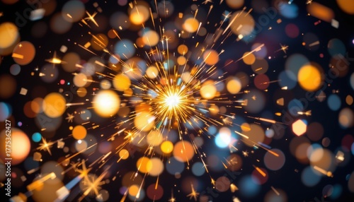 Bright golden sparkler explosion against a dark background with warm bokeh light circles