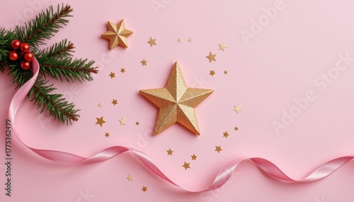 Gold star ornaments pine branch with red berries and pink ribbon on a pale pink background