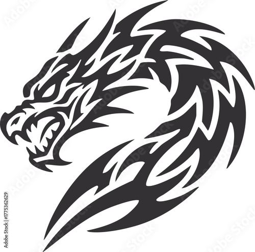 A vector illustration features a tribal dragon tattoo design