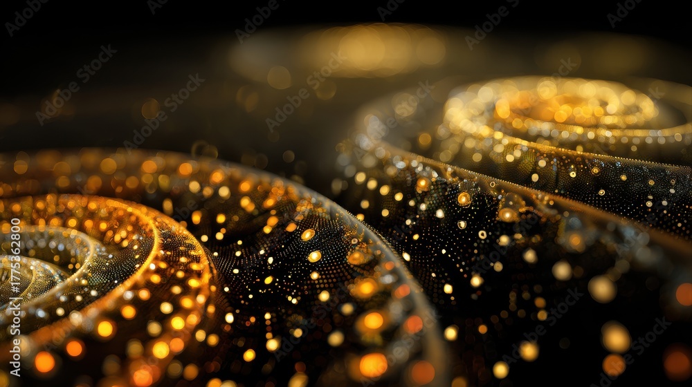 Fototapeta premium A mesmerizing abstract design featuring swirling patterns of golden and black dots, an ethereal, glowing effect, ai tech merged background