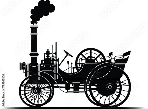 Antique steam powered automobile with smoke plume vector, antique, steam, powered, automobile, car, vehicle, vintage, retro, transportation, history, old, classic, engine, smoke, plume, chimney, wheel