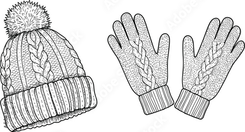 Knitted winter hat with pom-pom and cable gloves set, ribbed cuff detail, cad drawing flat vector illustration, seasonal fashion sketch
