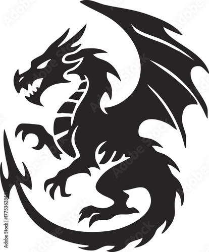 A vector illustration features a tribal dragon tattoo design