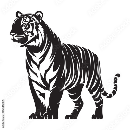 Striking Tiger Silhouette Black and White Vector